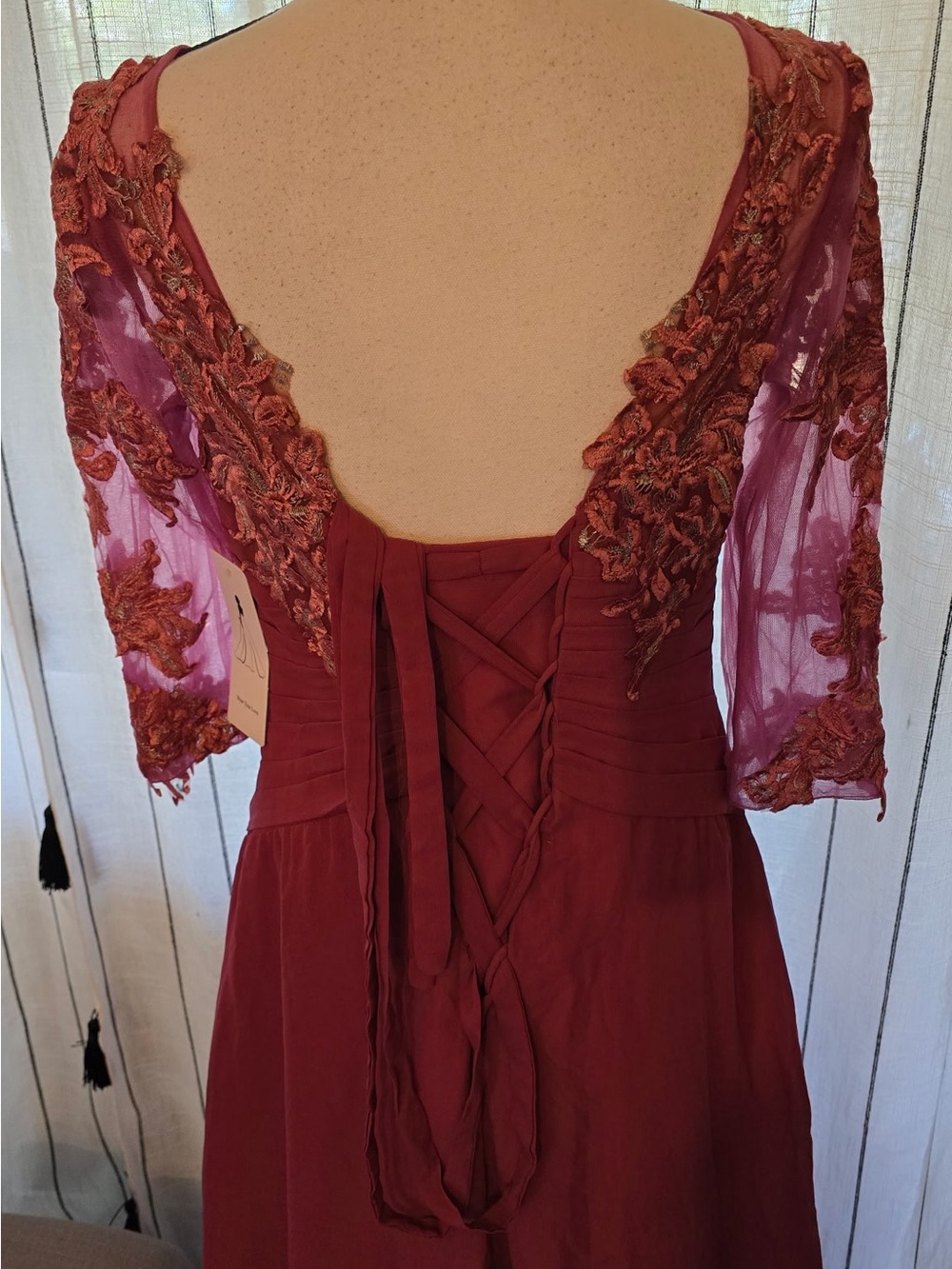Elegant Burgundy Embroidered Maxi Dress with Sheer Sleeves - Picture 5 of 6